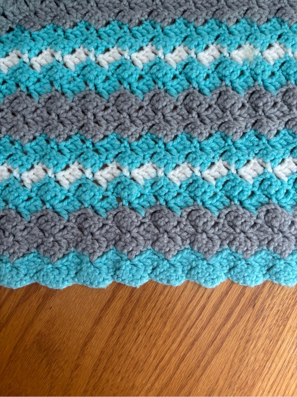Vintage Handmade Crochet Gray, Aqua and Teal Throw Blanket Afghan Scalloped Edge - Picture 3 of 6